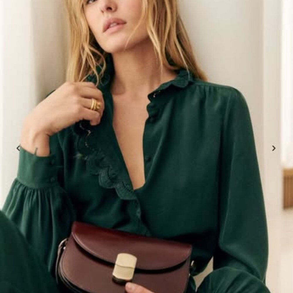 Sezane Chlo Silk Blouse - Bottle Green - 38 / 6 - EUC